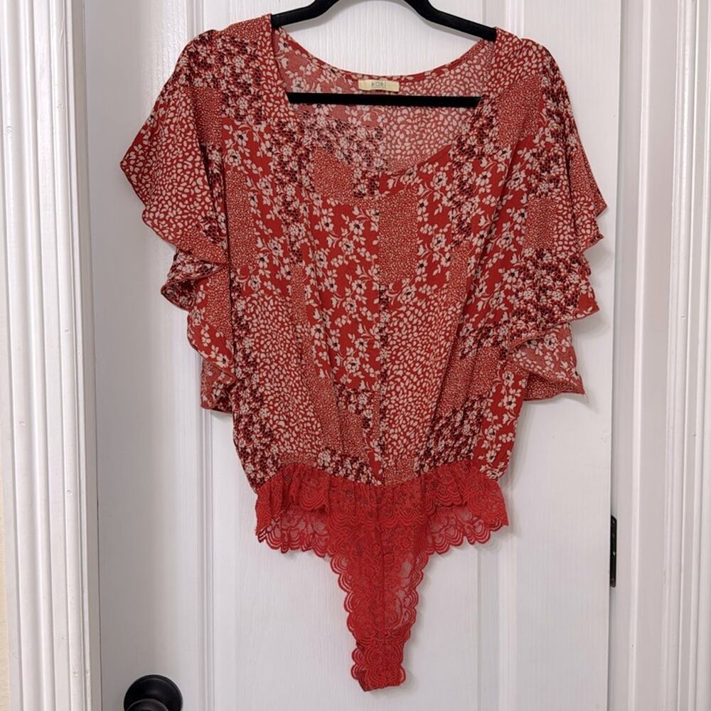 Kori America red floral thong one piece body suit size S
